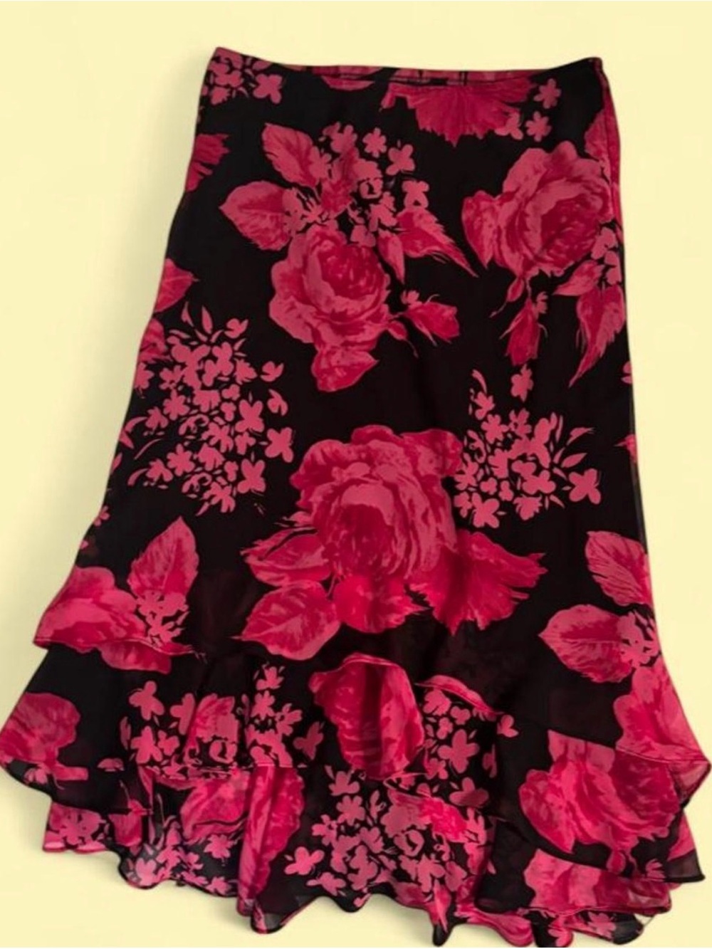 Vintage Black & Fuchsia midi Floral Ruffle Hem Skirt